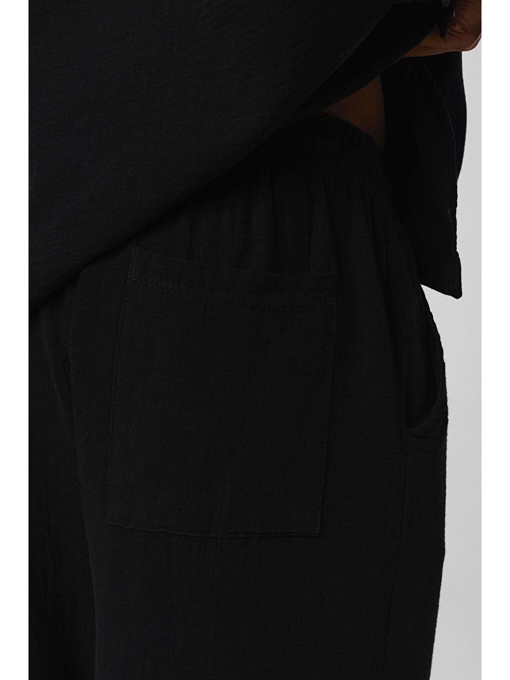 Baggy Fit Müslin Keten Pantolon Siyah-4