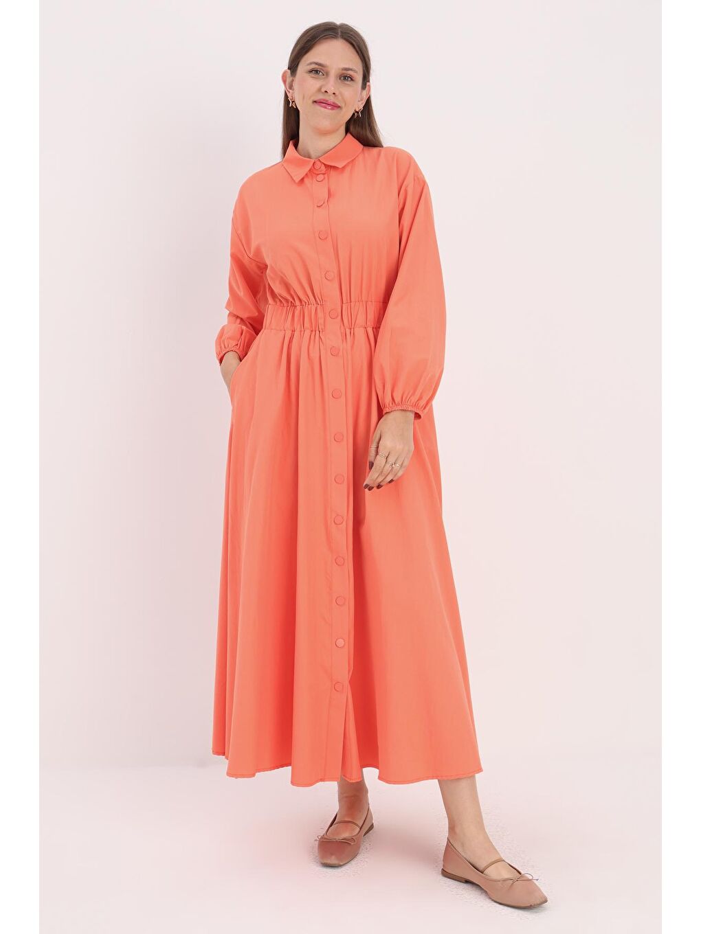 Turuncu Gömlek Yaka Çıtçıtlı Beli Lastikli Elbise