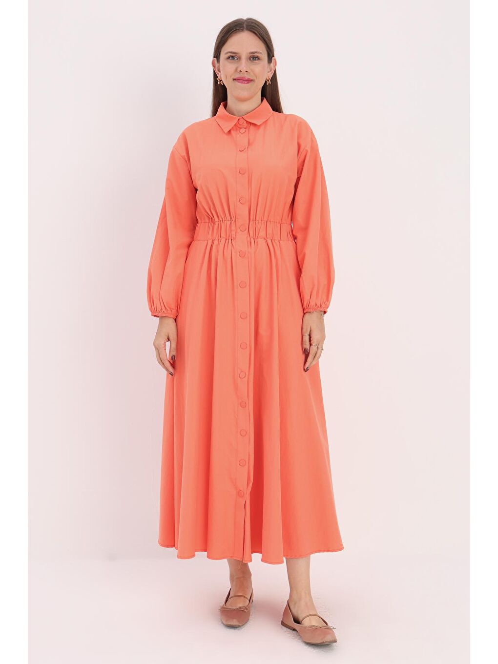 Turuncu Gömlek Yaka Çıtçıtlı Beli Lastikli Elbise-1