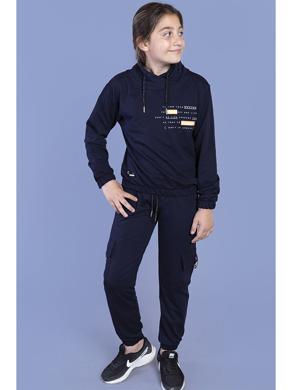 Lacivert Kız Çocuk Baskılı Balıkçı Yaka Eşofman Takımı-1