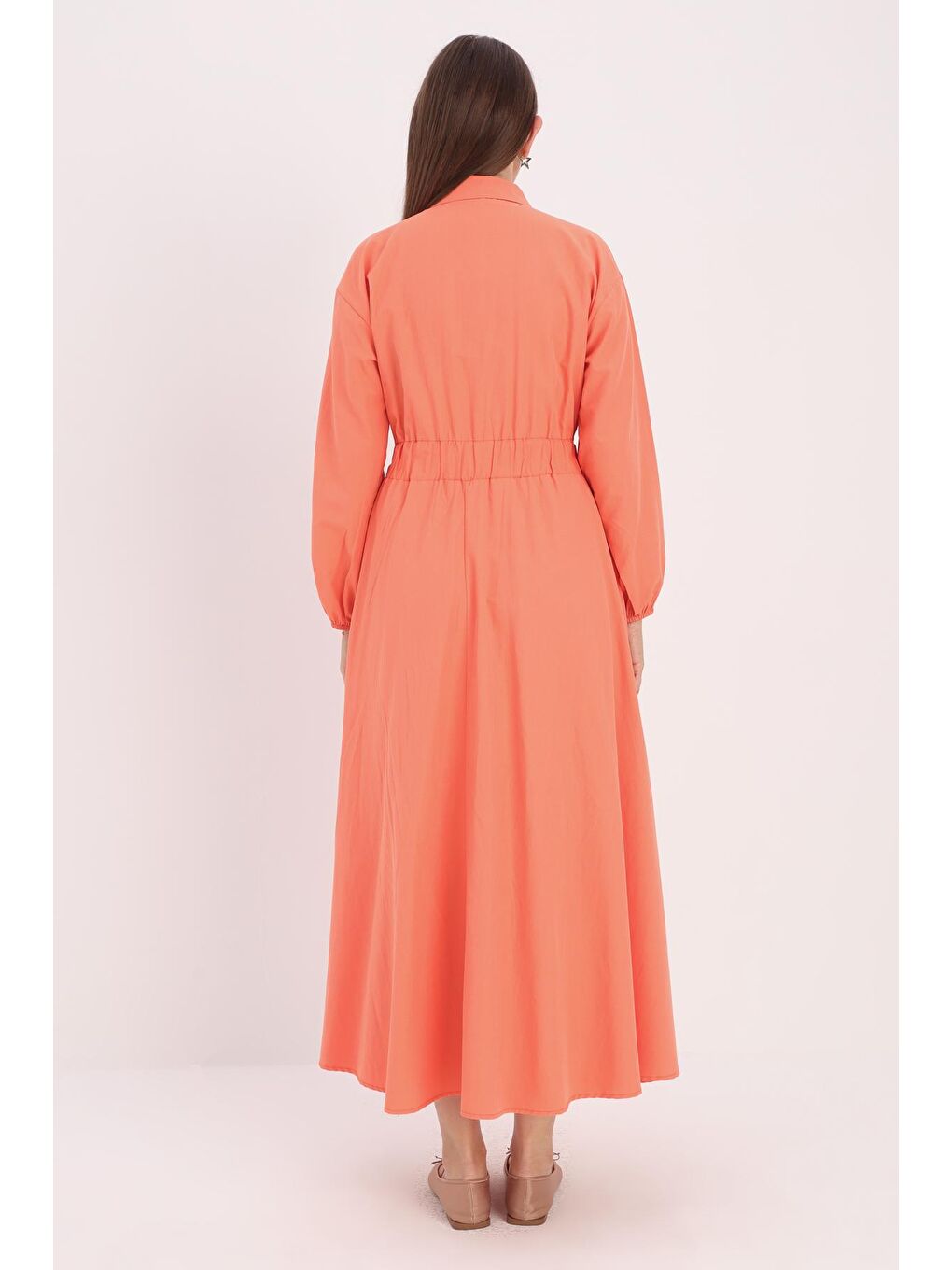 Turuncu Gömlek Yaka Çıtçıtlı Beli Lastikli Elbise-3