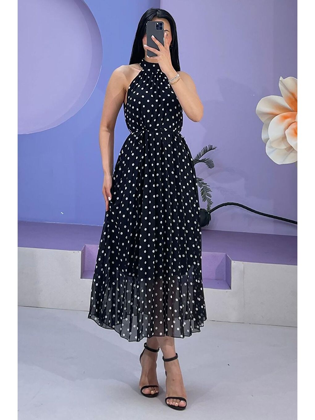 Siyah Puantiyeli Sıfır Kol Halter Yaka Elbise Mg2134-5