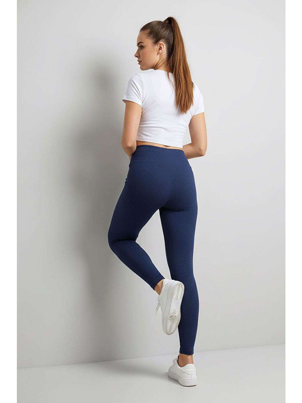 Yüksek Bel Fitilli Kaşkorse Tayt Lacivert - 27951-LACIVERT-1