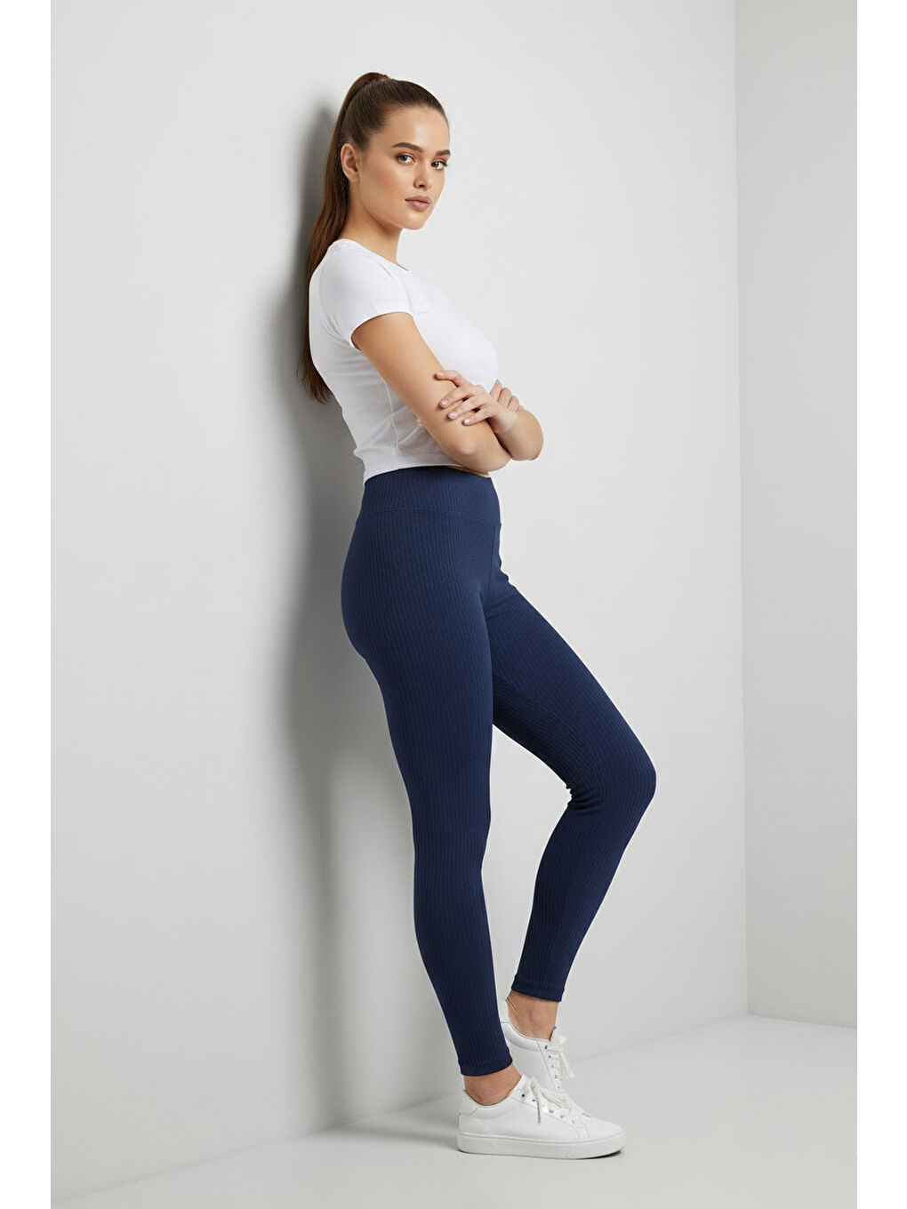 Yüksek Bel Fitilli Kaşkorse Tayt Lacivert - 27951-LACIVERT-2