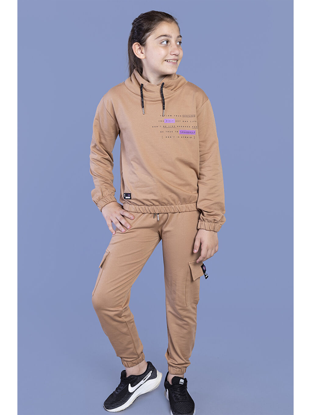 Kahverengi Kız Çocuk Baskılı Balıkçı Yaka Eşofman Takımı