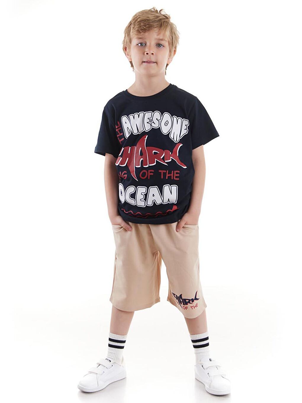 Lacivert Erkek Çocuk Takım Awesome Baskılı Kaprili Alt Üst Takım Trend Pamuklu Ak2520