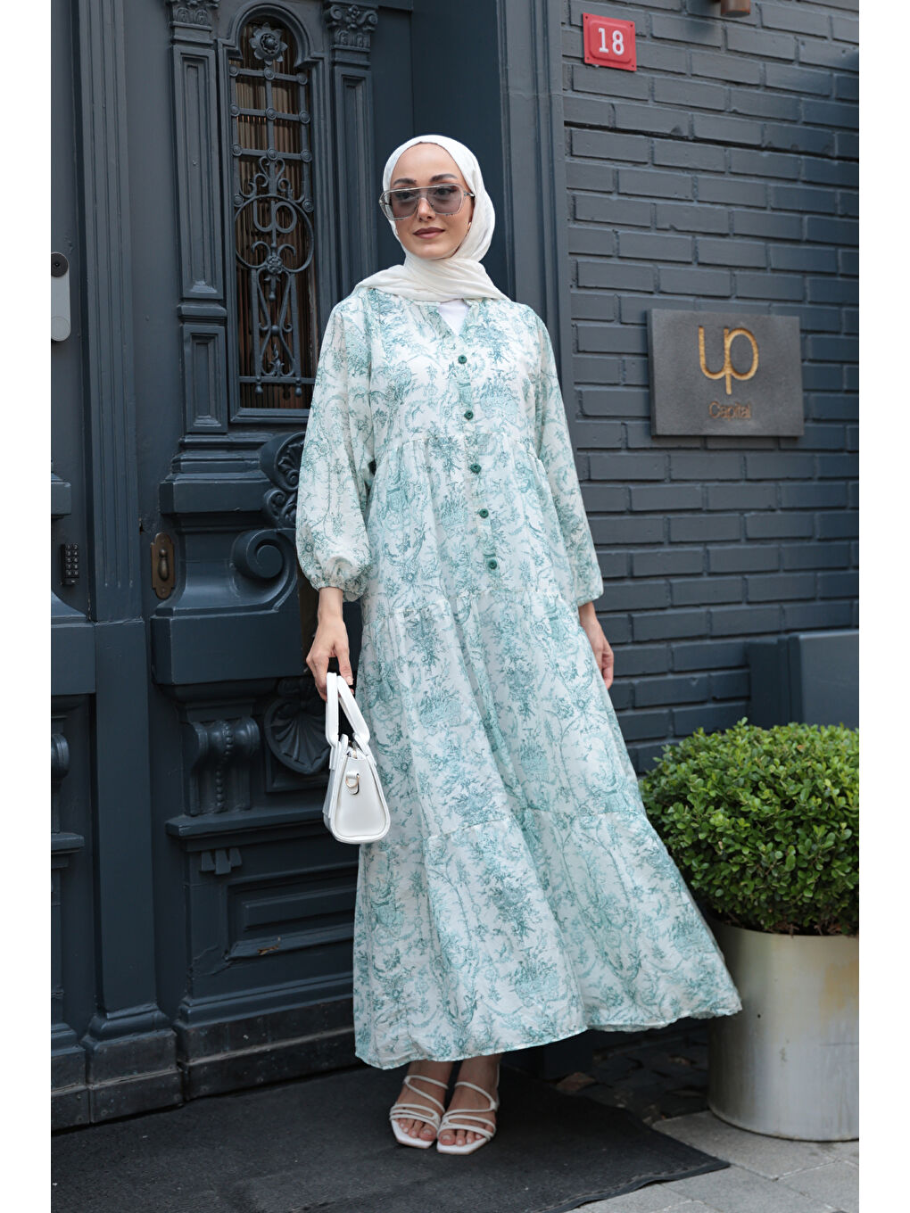 Kadın Pastoral Desen Elbise Yeşil