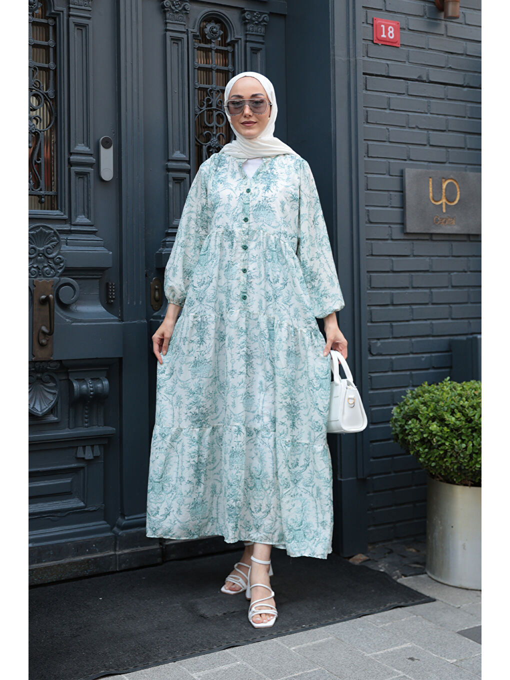 Kadın Pastoral Desen Elbise Yeşil-1