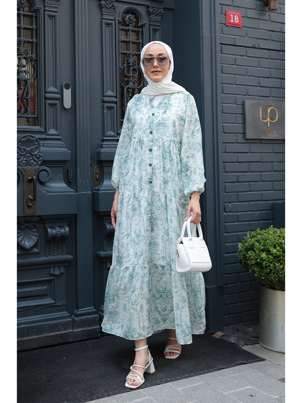 Kadın Pastoral Desen Elbise Yeşil-2