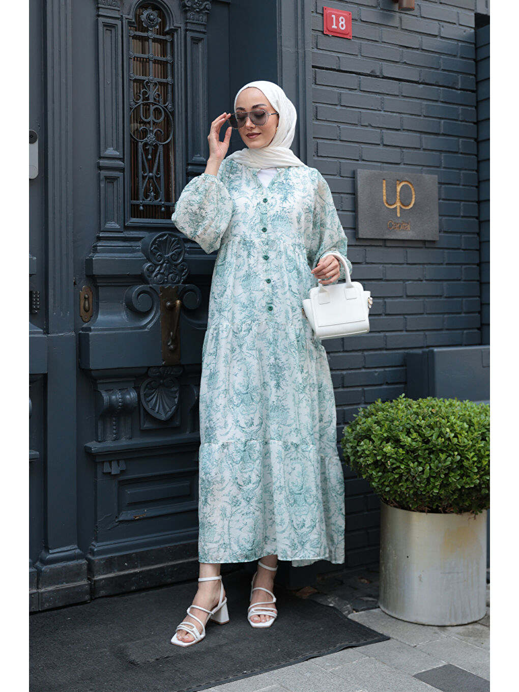 Kadın Pastoral Desen Elbise Yeşil-3