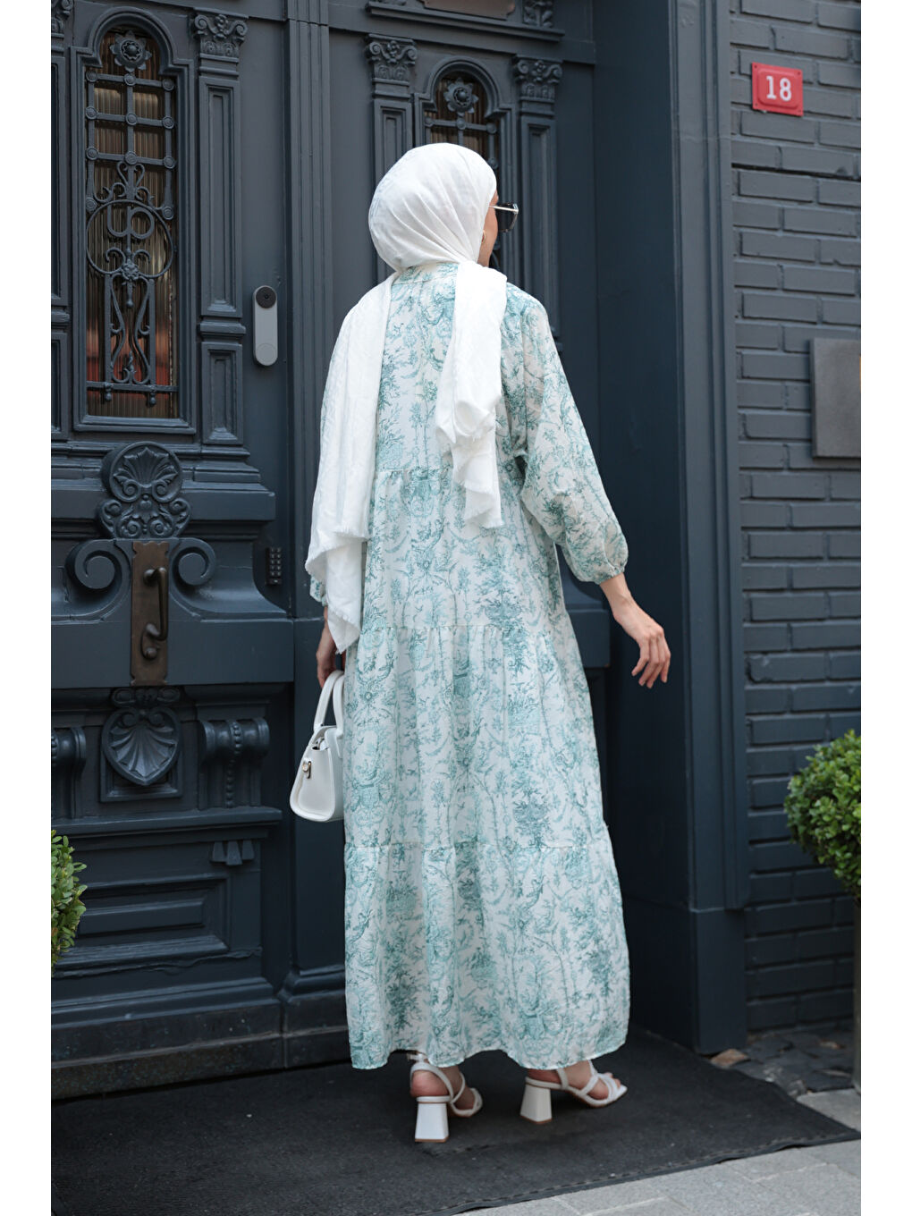 Kadın Pastoral Desen Elbise Yeşil-4