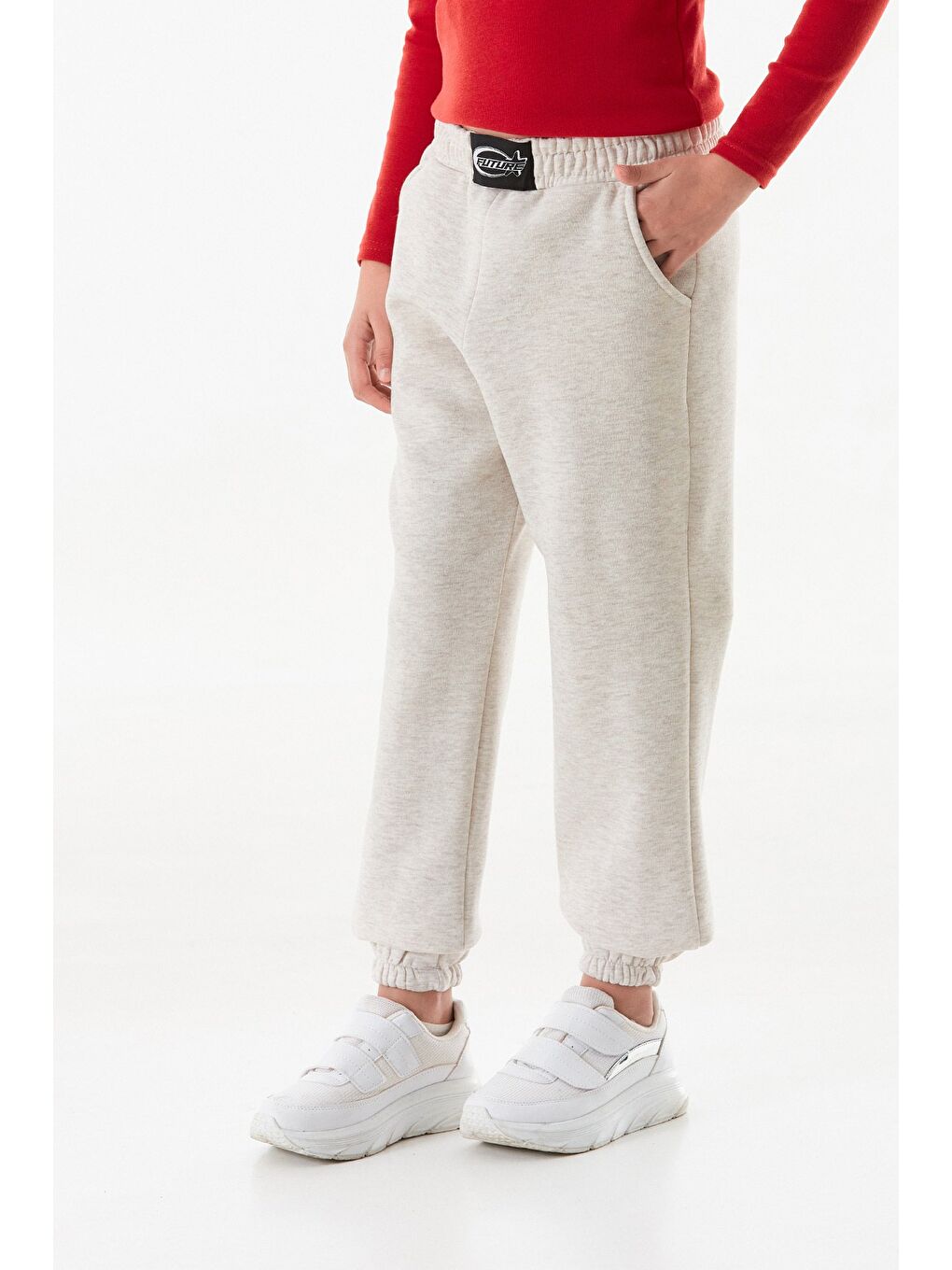 Bej 3 İplik Beli Lastikli Armalı Jogger Unisex Çocuk Eşofman Altı-2