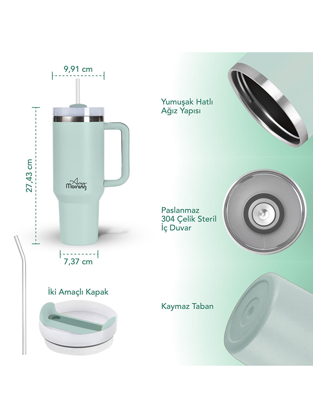 Turkuaz Vaha 1200 ml Termos Mug, 3 Kademeli Çevirmeli Kapak, Su Yeşili SI2440217-2