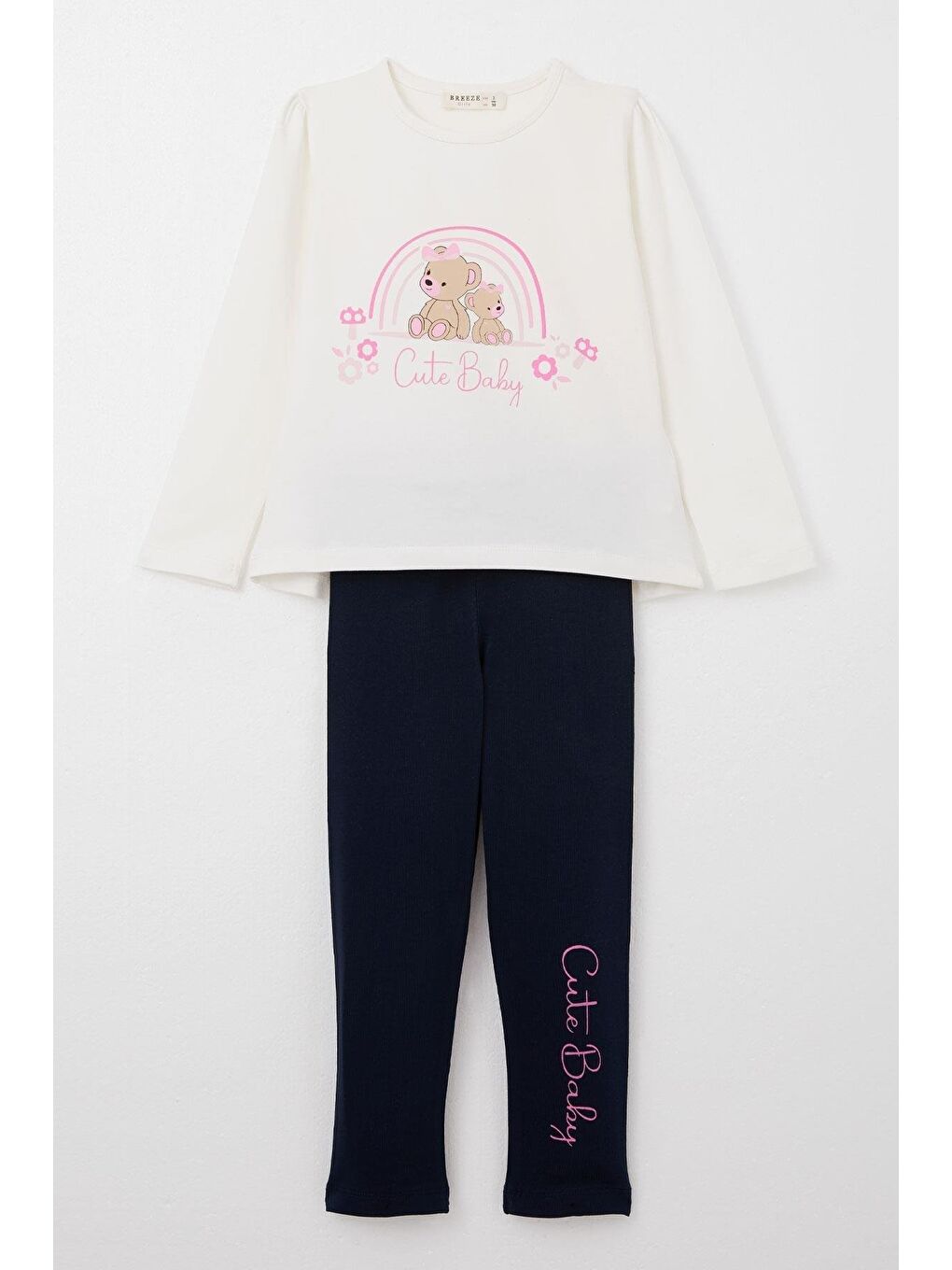 Kız Çocuk Taytlı Takım Sevimli Bebek Ayıcıklar Baskılı Ekru (1-4 Yaş)
