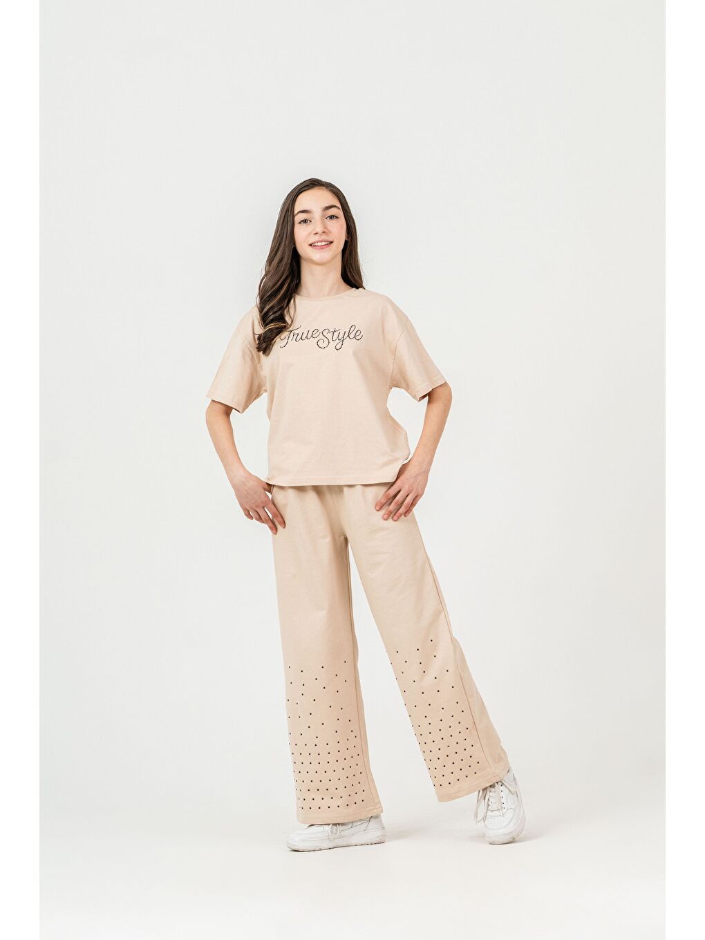 Bej True Style Taş Baskılı Alt Çift Paça Taş Baskılı Kız Çocuk Alt Üst Eşofman Takımı-1