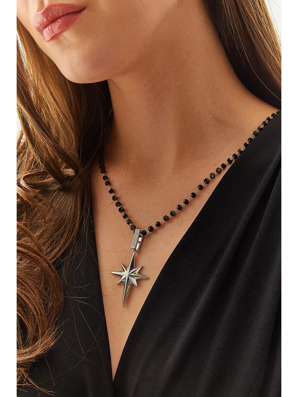 Gri Kadın Aksesuar Çelik Kuzey Yıldızlı Boncuk Zincirli Kolye