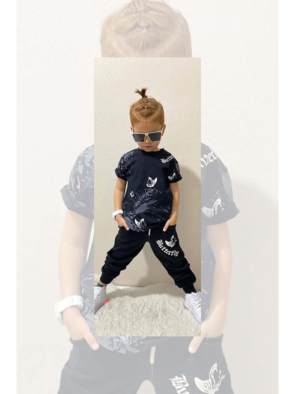 Erkek Çocuk Butterfly Baskılı Siyah Eşofman Takım-2