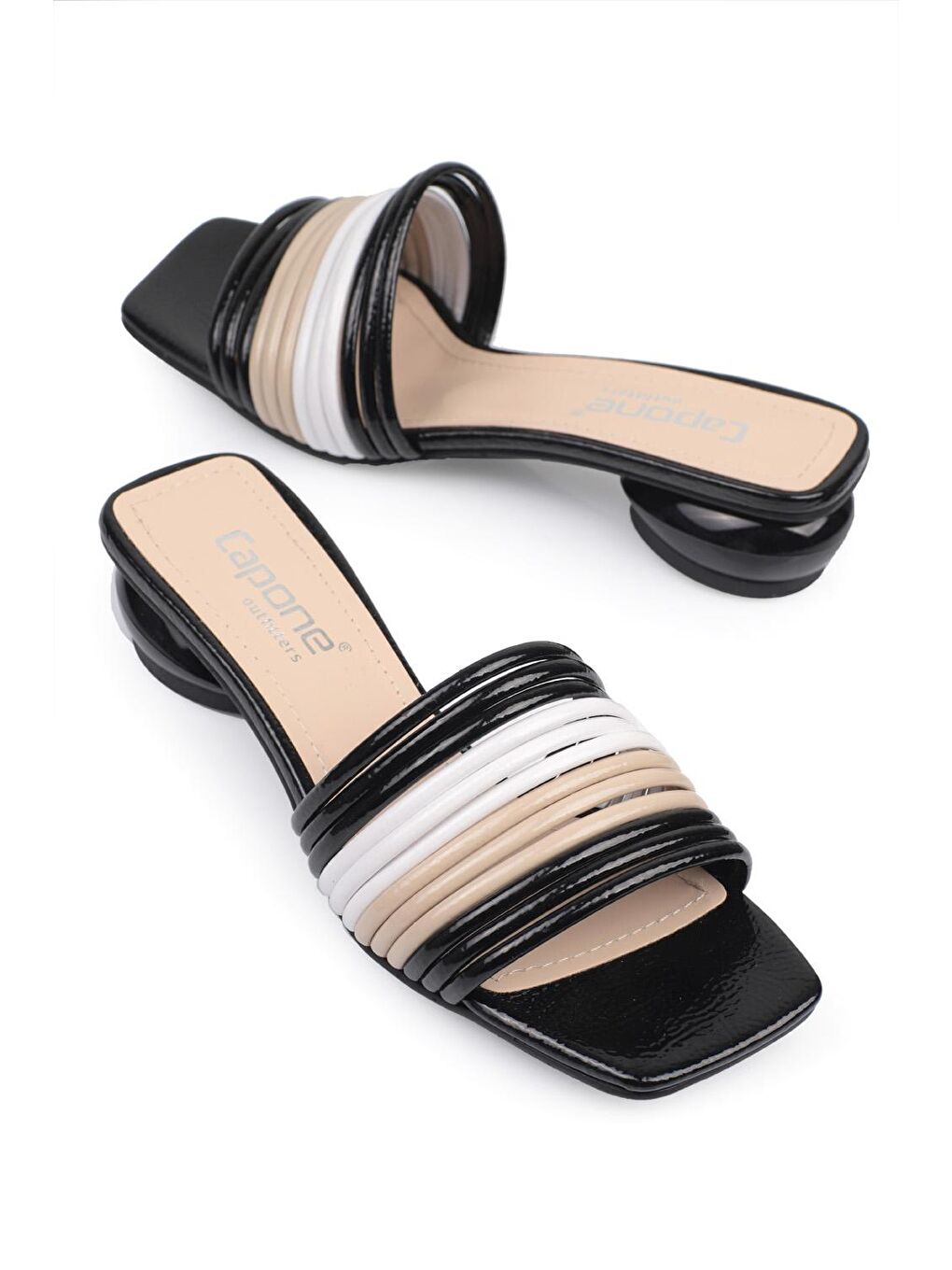 Siyah Beyaz Nude Kadın Orta Topuklu Şık Terlik
