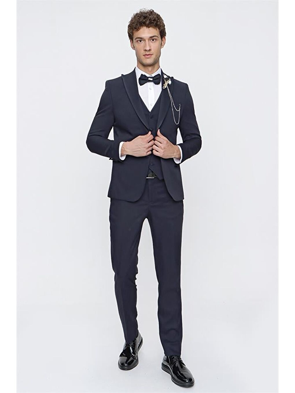 Koyu Lacivert Armürlü Kırlangıç Yaka Astarlı Yelekli 6 Drop Slim Fit Smokin Damatlık 1001220203-1