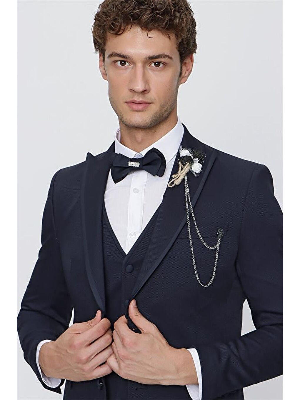 Koyu Lacivert Armürlü Kırlangıç Yaka Astarlı Yelekli 6 Drop Slim Fit Smokin Damatlık 1001220203-2