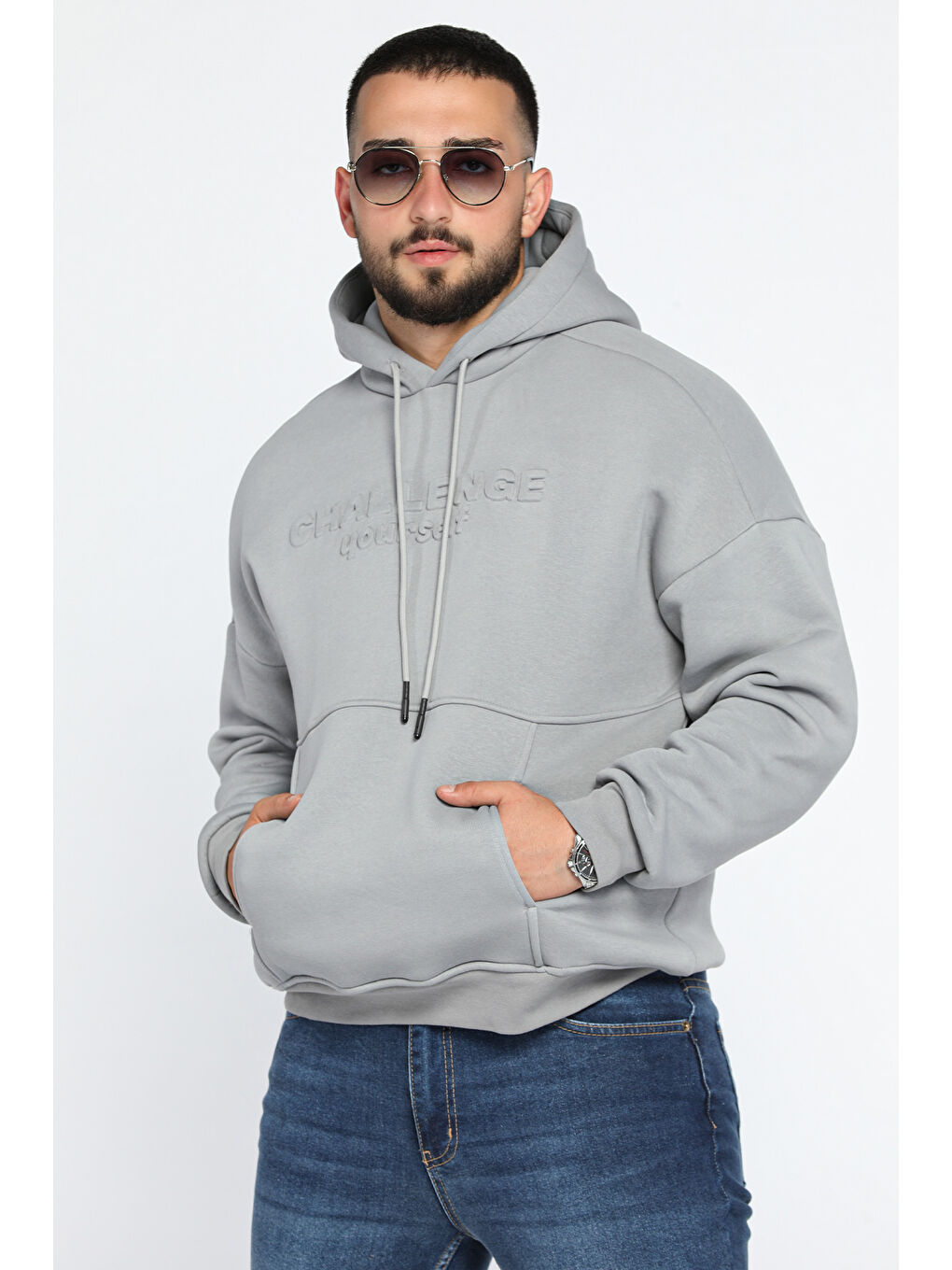 Mishar İtalia Gri Kapüşonlu Kanguru Cepli Üç İplik Şardonlu Erkek Sweatshirt