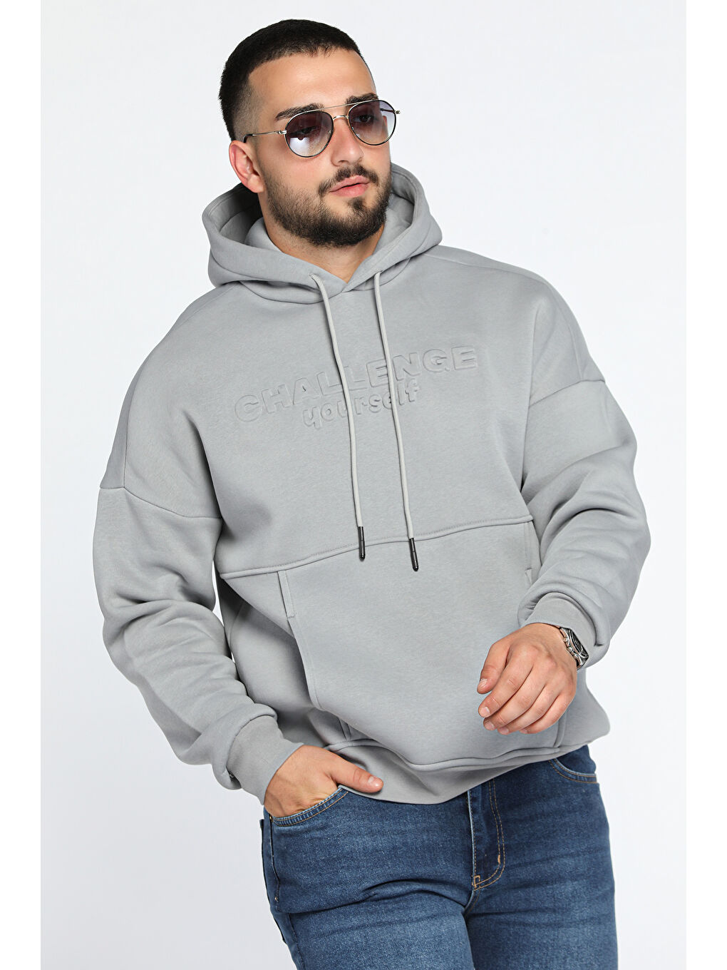 Mishar İtalia Gri Kapüşonlu Kanguru Cepli Üç İplik Şardonlu Erkek Sweatshirt - 1