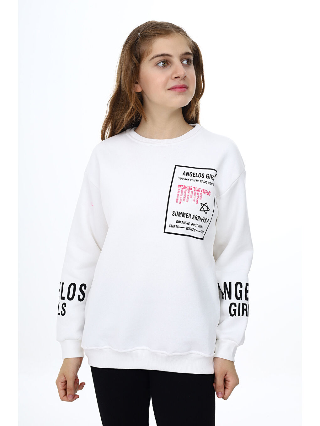 angelos Beyaz Kız Çocuk Yaka ve Bilek Baskılı 3 İplik Sweatshirt Px492.2 - 1