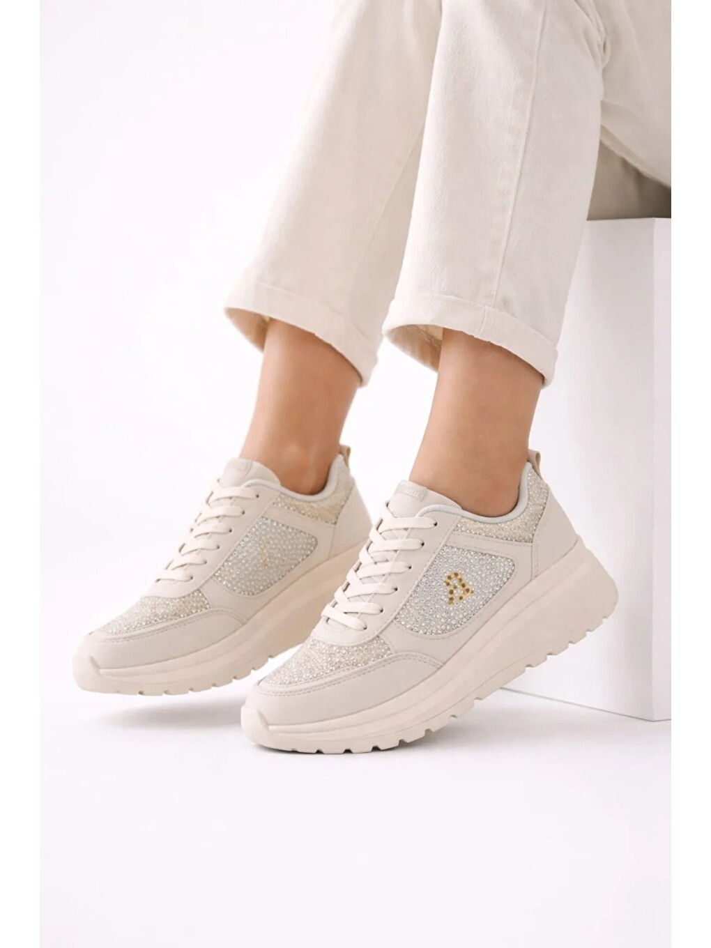 Ekru Taşlı Işıltılı Trend 5 Cm Platform Kadın Sneaker Kalın Taban Spor Ayakkabı-1