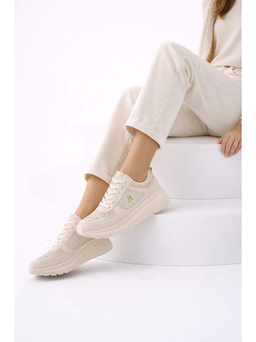 Ekru Taşlı Işıltılı Trend 5 Cm Platform Kadın Sneaker Kalın Taban Spor Ayakkabı-2