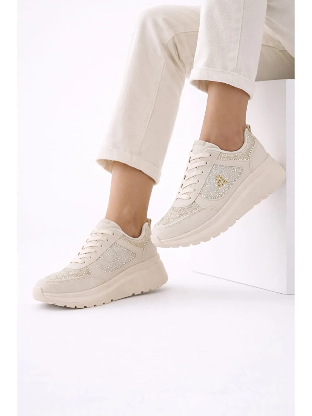 Ekru Taşlı Işıltılı Trend 5 Cm Platform Kadın Sneaker Kalın Taban Spor Ayakkabı-3