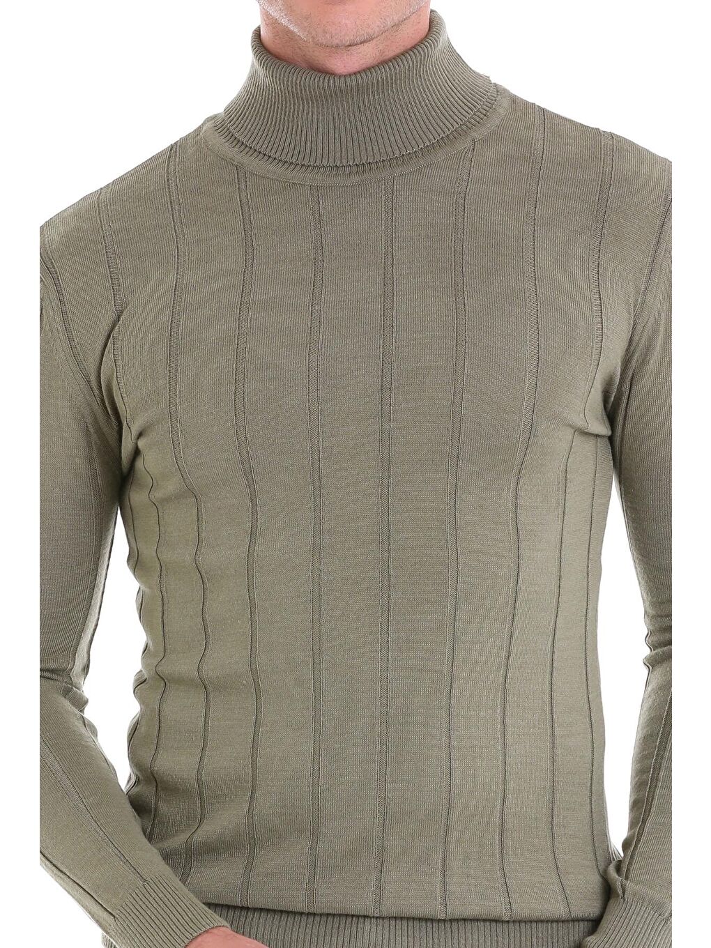 Yeşil Comfort Fit Fitilli Balıkçı Yaka Yünlü Kazak-4