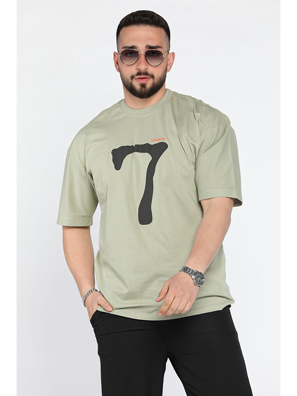 Haki Kol Katlamalı Baskılı Erkek Tişört