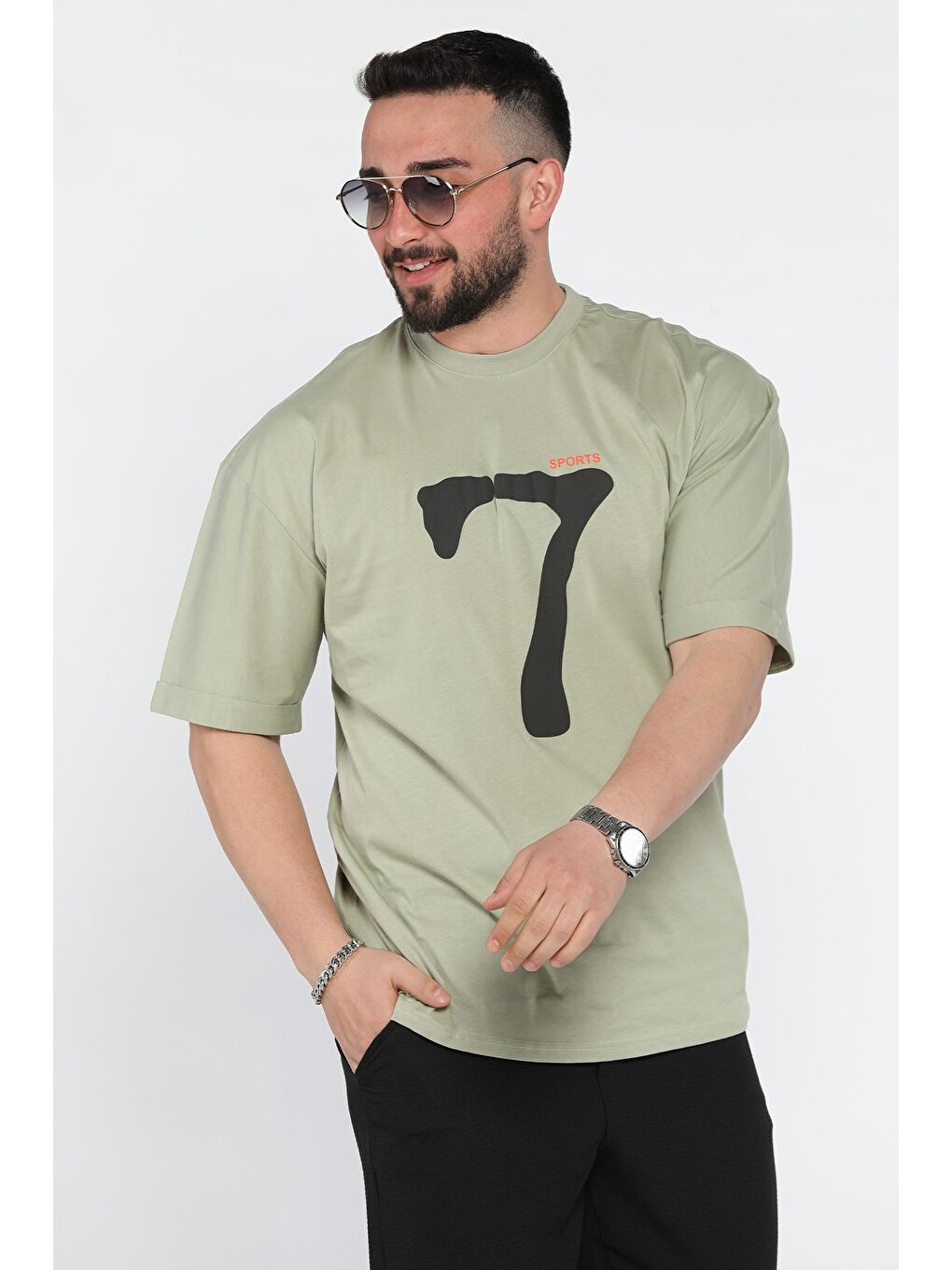Haki Kol Katlamalı Baskılı Erkek Tişört-1