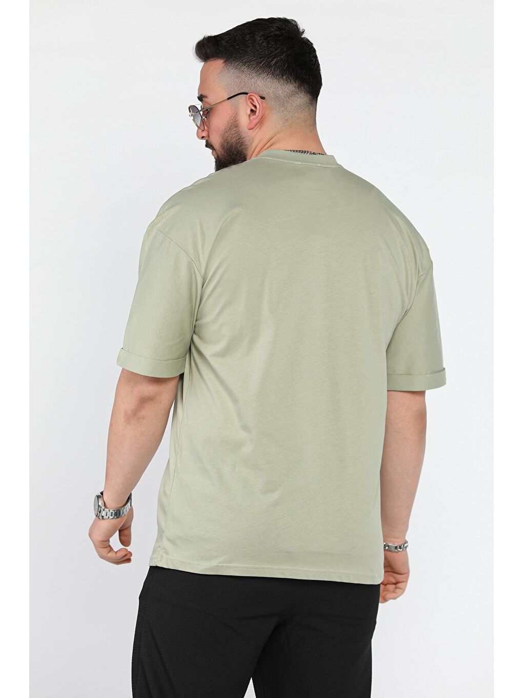 Haki Kol Katlamalı Baskılı Erkek Tişört-2