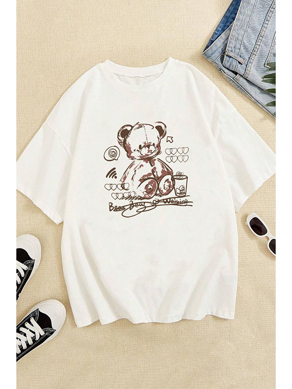 uyguntarz Beyaz Unisex Bear Baskılı Tasarım Tshirt