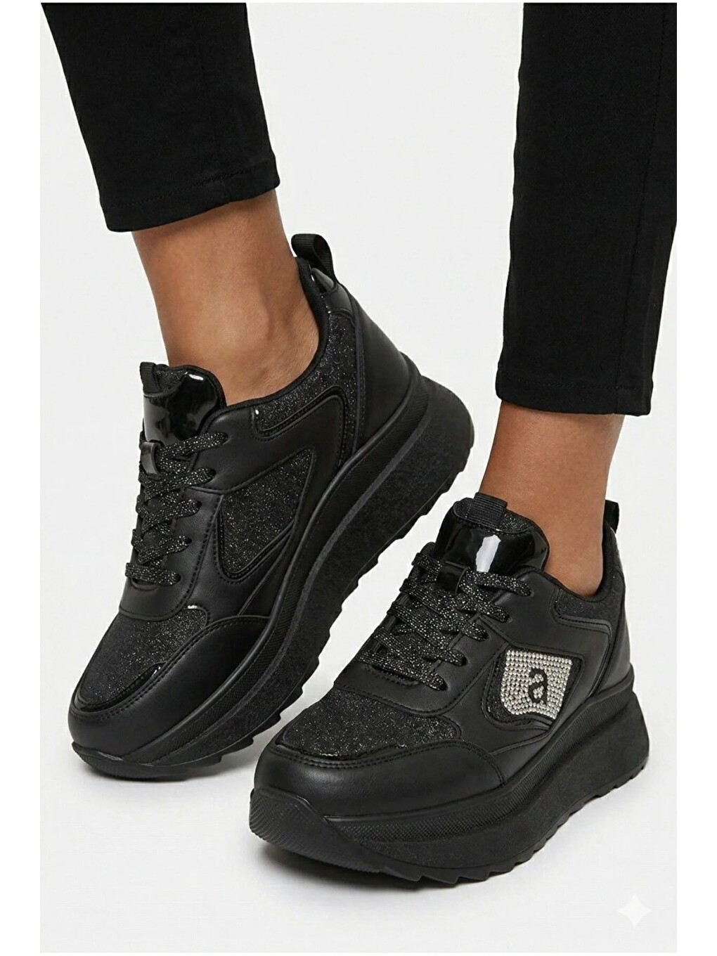 Siyah Taşlı Işıltılı Trend 5 Cm Platform Kadın Sneaker Kalın Taban Spor Ayakkabı-1