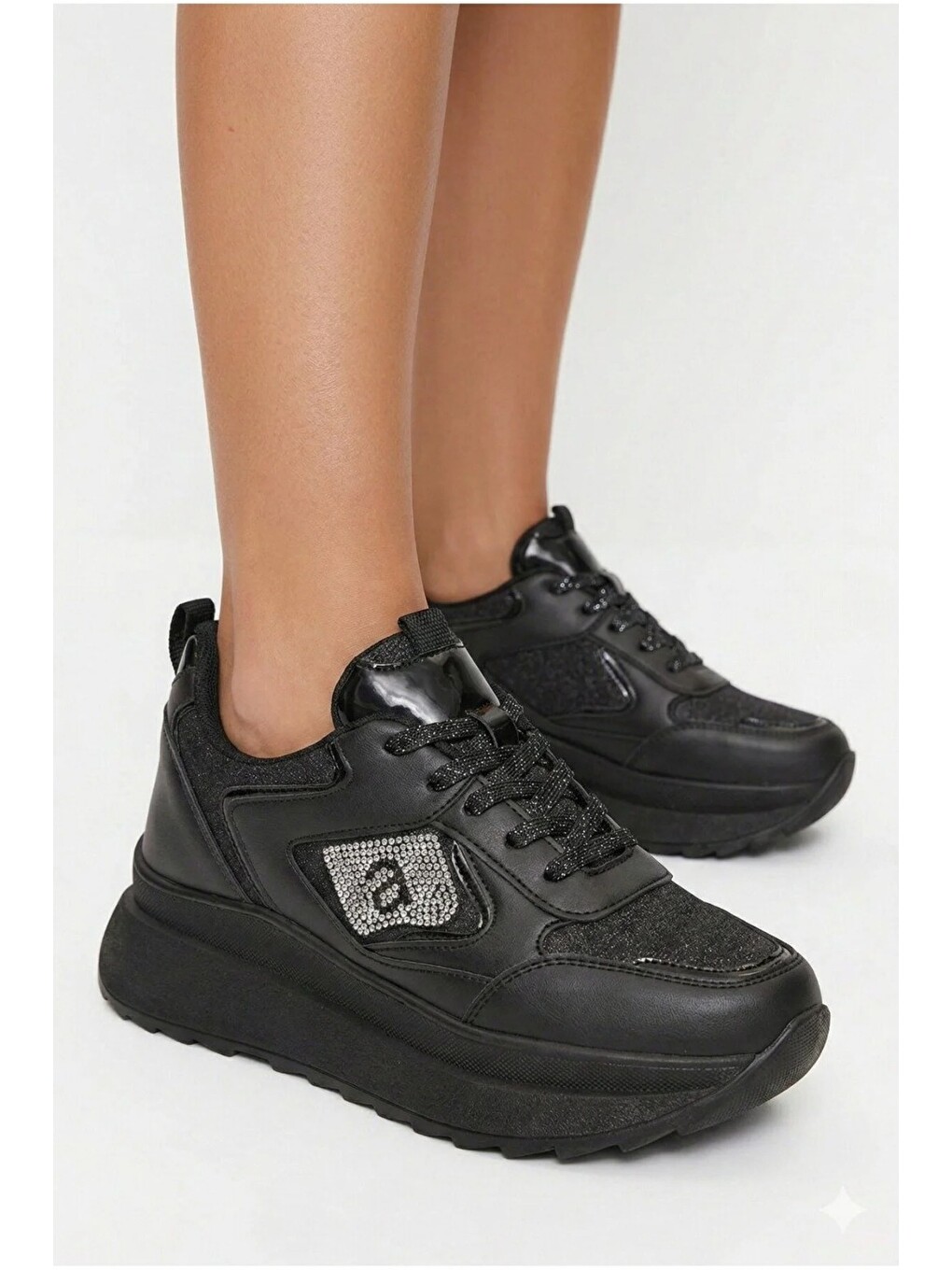 Siyah Taşlı Işıltılı Trend 5 Cm Platform Kadın Sneaker Kalın Taban Spor Ayakkabı-2