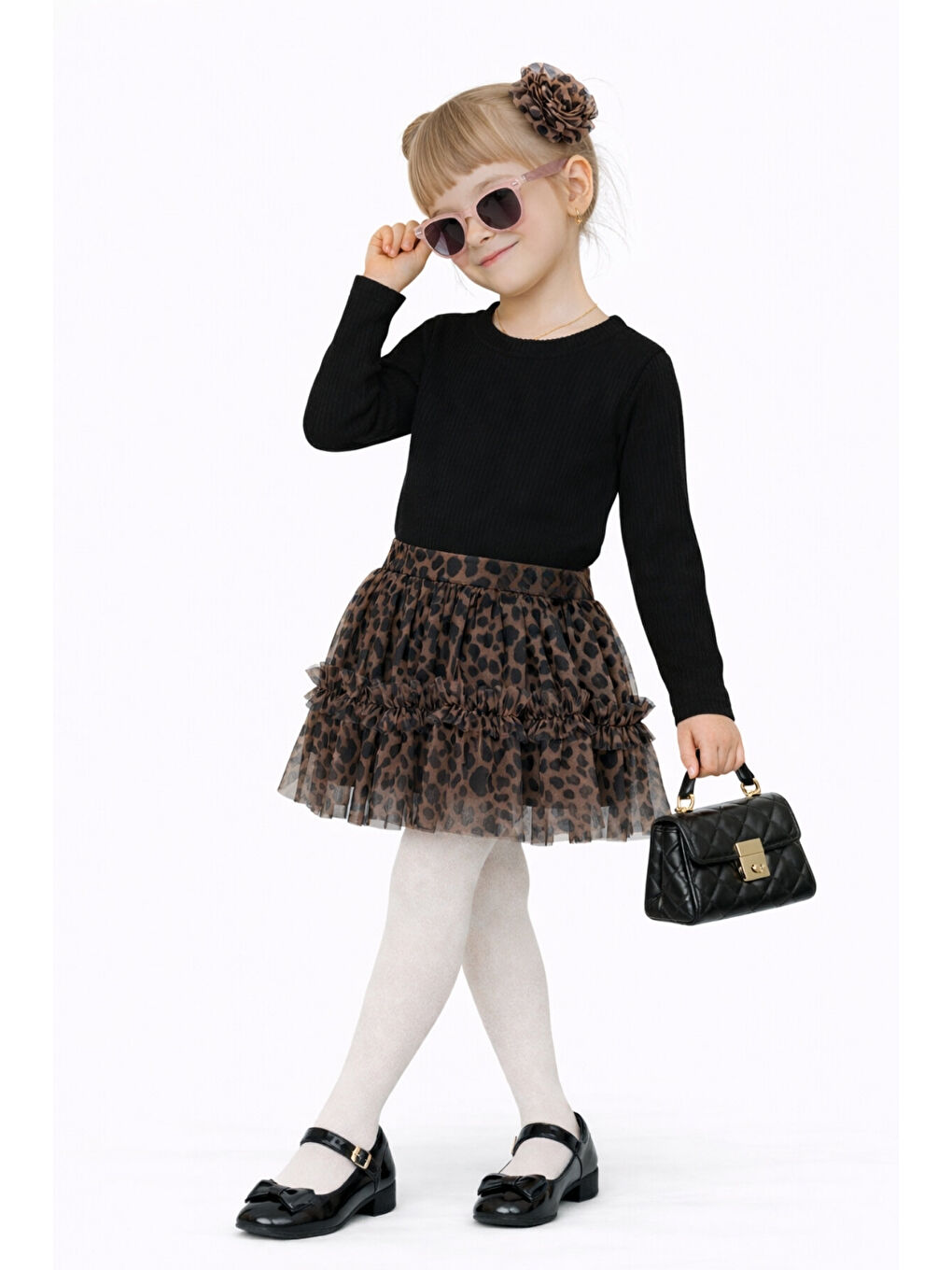 Siyah Kız Çocuk Leopar Desenli Badili 2 Parça Alt-Üst Takım Ak2608