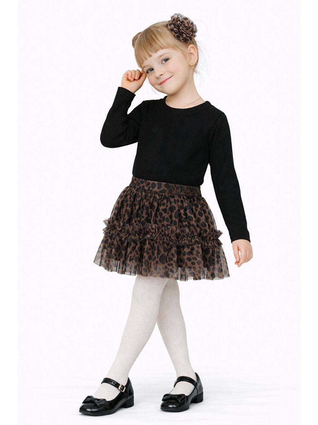 Siyah Kız Çocuk Leopar Desenli Badili 2 Parça Alt-Üst Takım Ak2608-1