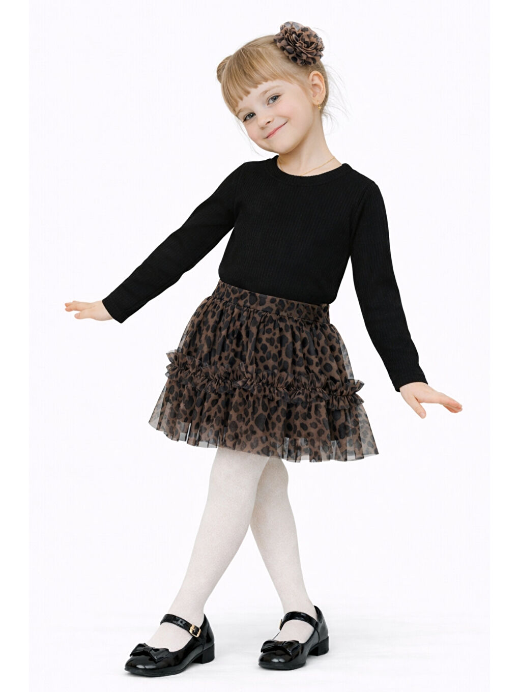 Siyah Kız Çocuk Leopar Desenli Badili 2 Parça Alt-Üst Takım Ak2608-2