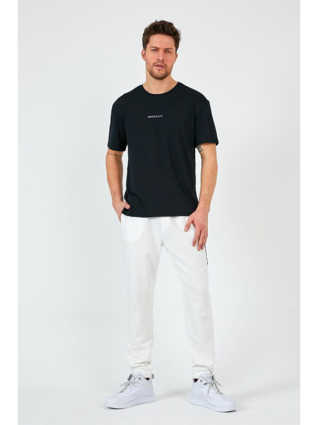 Ekru Regular/Normal Kesim Lastik Belli Brooklyn Şehir Baskılı Erkek Eşofman Altı 24EA203-2