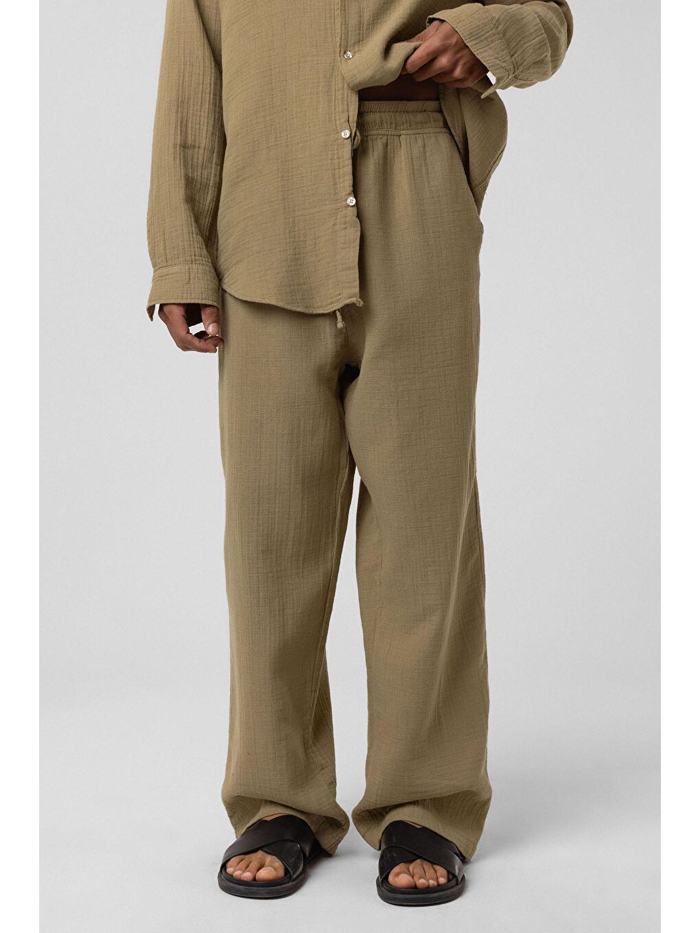 Baggy Fit Müslin Keten Pantolon Haki
