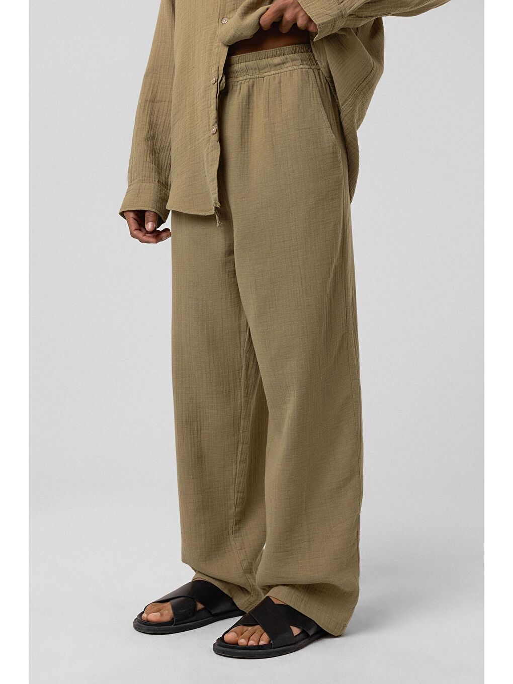 Baggy Fit Müslin Keten Pantolon Haki-1