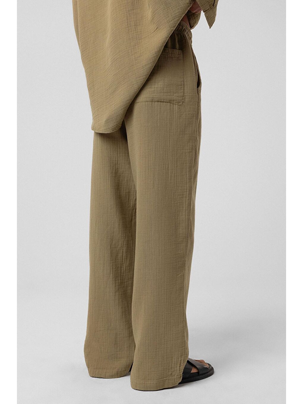 Baggy Fit Müslin Keten Pantolon Haki-2