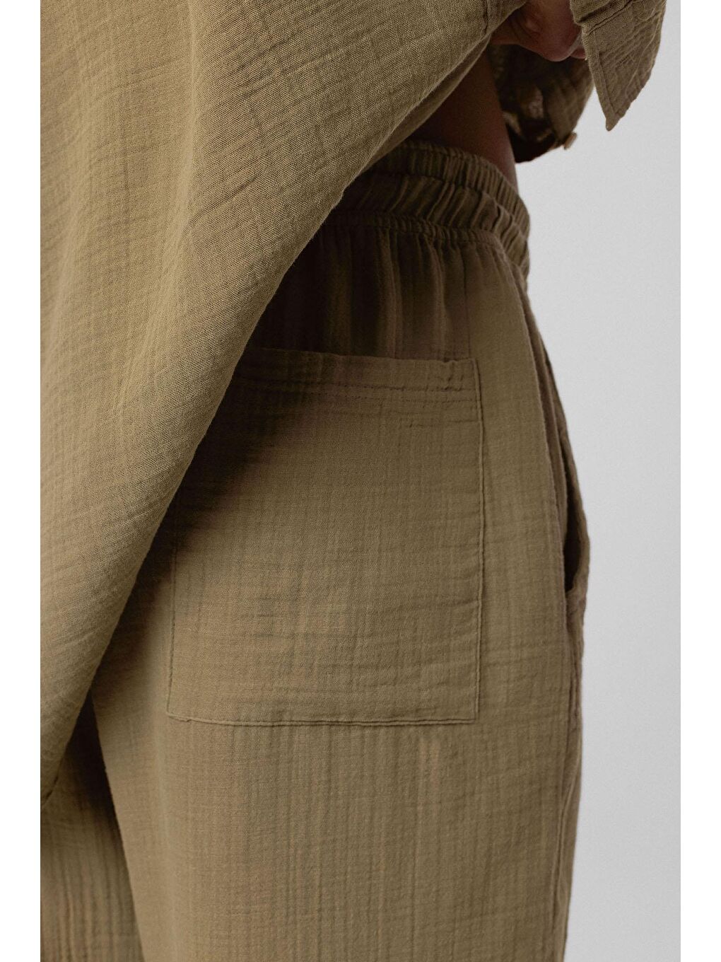 Baggy Fit Müslin Keten Pantolon Haki-3