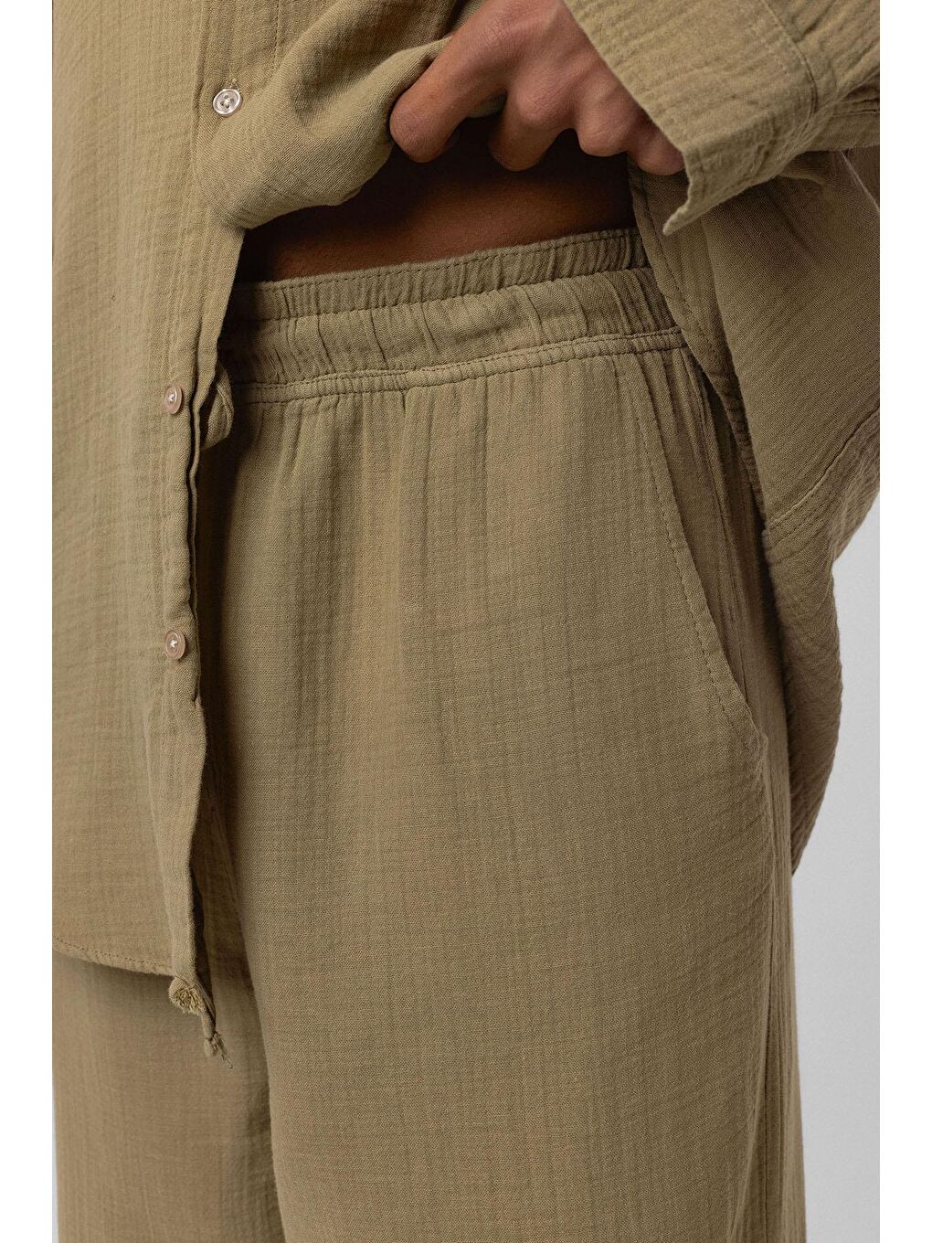 Baggy Fit Müslin Keten Pantolon Haki-4