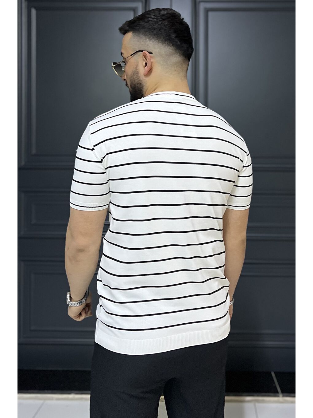 Beyaz Erkek Bisiklet Yaka Çizgili Triko Tişört-3