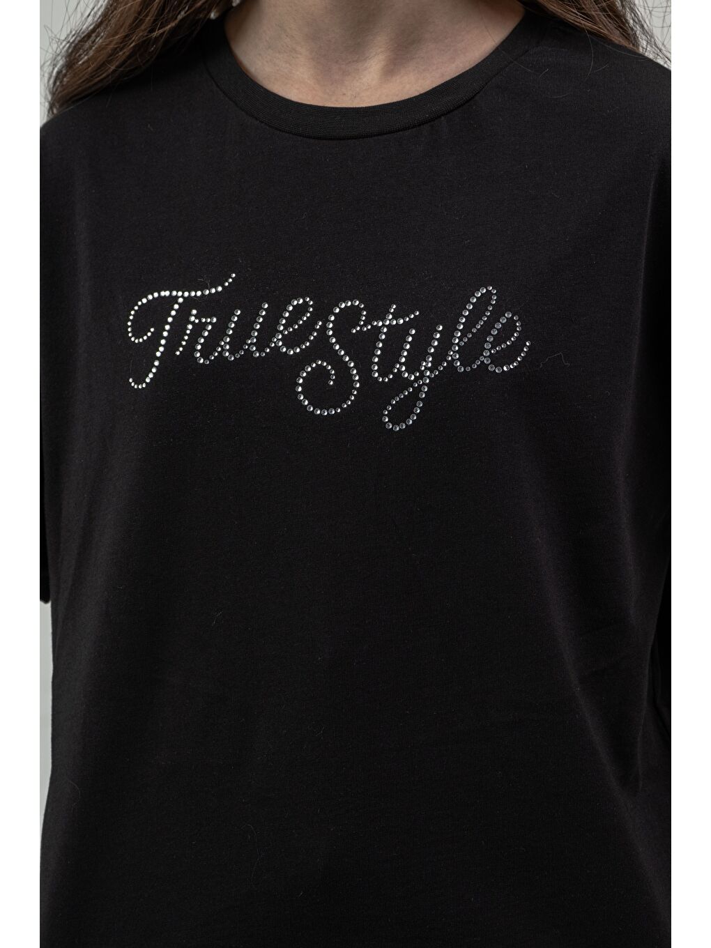 Siyah True Style Taş Baskılı Alt Çift Paça Taş Baskılı Kız Çocuk Alt Üst Eşofman Takımı-3