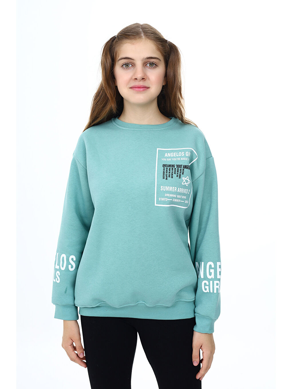 angelos Turkuaz Kız Çocuk Yaka ve Bilek Baskılı 3 İplik Sweatshirt Px492.4