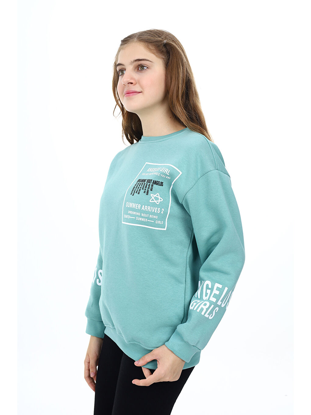 angelos Turkuaz Kız Çocuk Yaka ve Bilek Baskılı 3 İplik Sweatshirt Px492.4 - 1